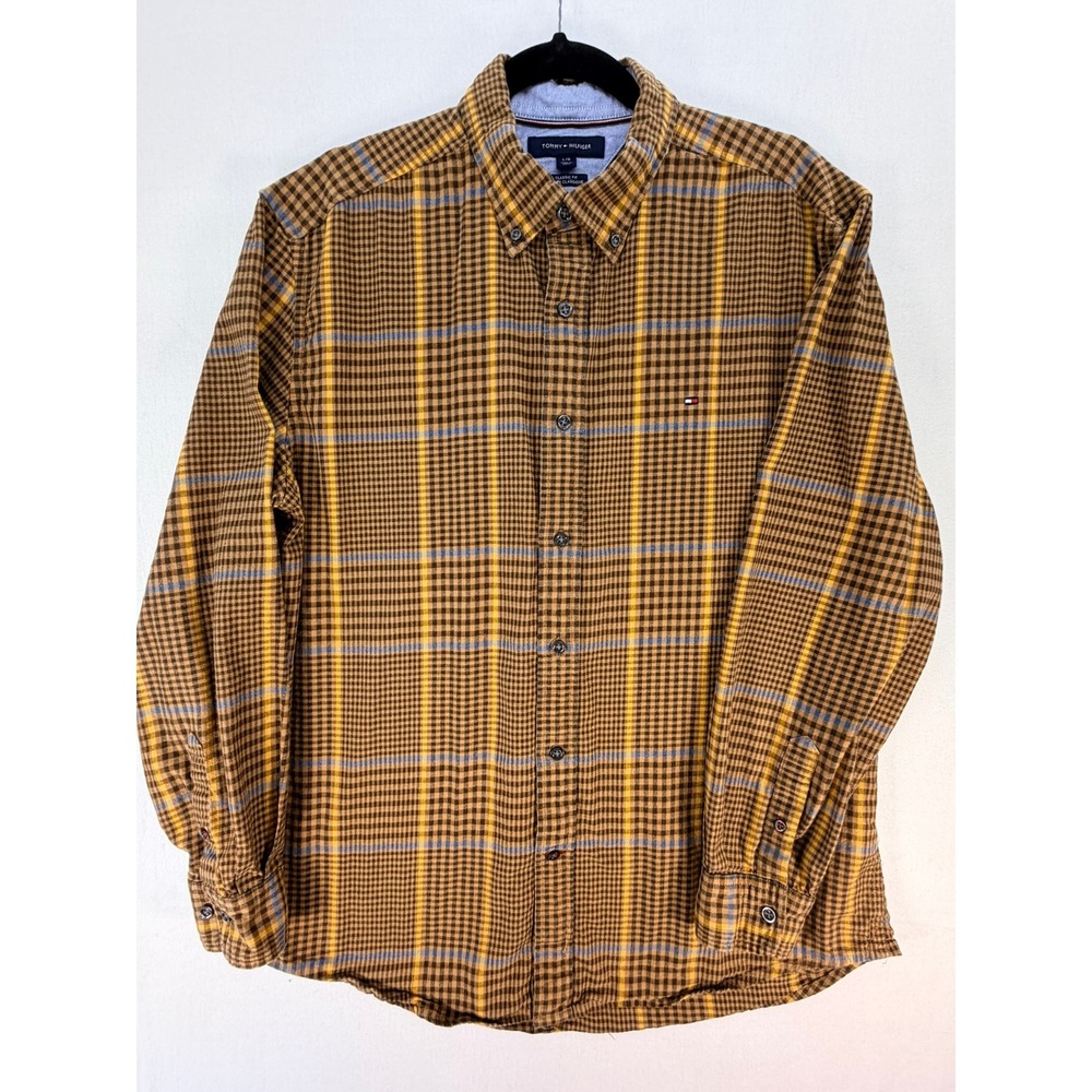 Tommy Hilfiger Mens Large Brown Yellow Plaid Classic Fit Button Down Shirt